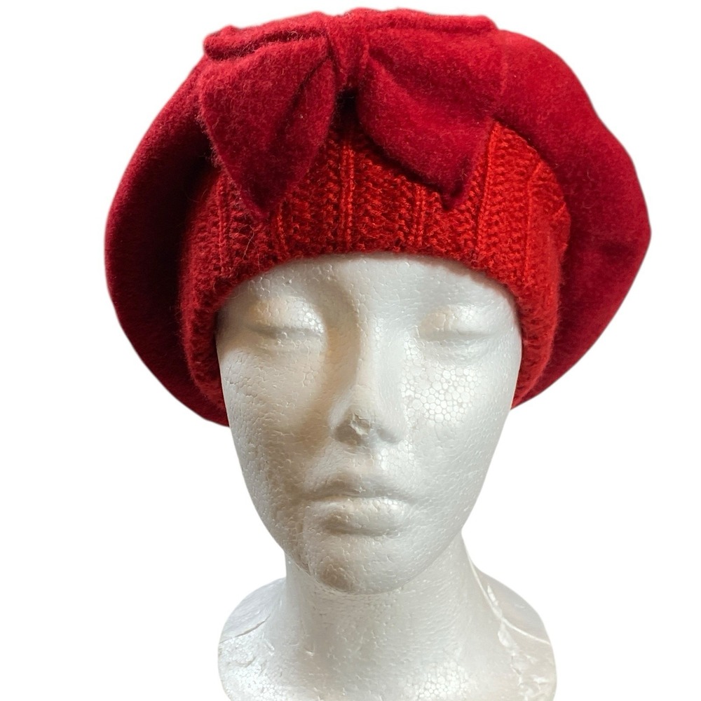 French Bow Beret Hat Wool Womens OS Red Classic Chic Artist Parisian Feminine - Picture 3 of 11